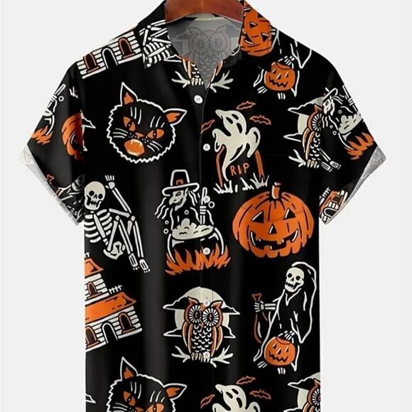 Halloween Button Down Lapel Collar Short Sleeve Mens Shirt XL -F - Picture 1 of 4